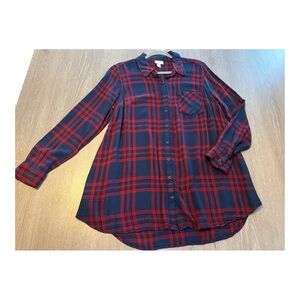 Isabel Maternity Women's Long Sleeve Button Down Shirt Plaid Sz Med Red & Blue